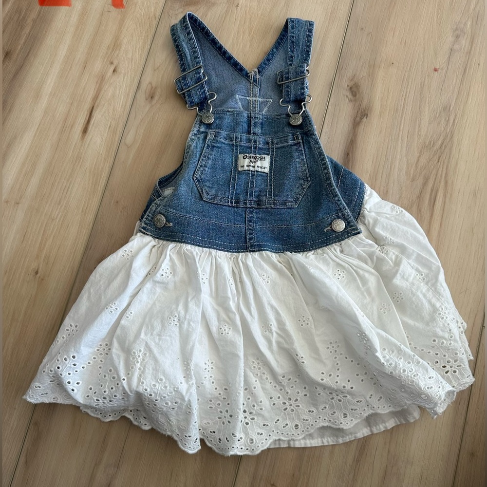 OshKosh B'gosh Blue Denim and White Eyelet Overall Dress